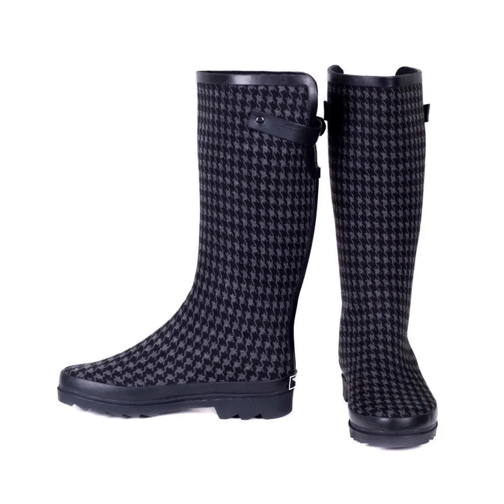 Women's Rubber Rain Boots, Black Fabric-Coated Fashion Rainboots, Size 11, NEW